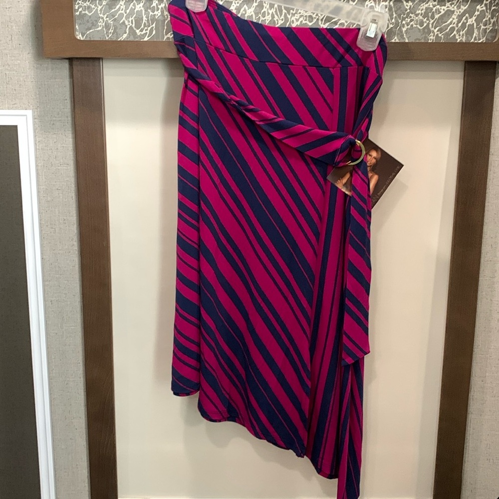 Iman asymmetrical Midi Skirt Size Large NEW Navy Blue & Wine striped scarf Belt
